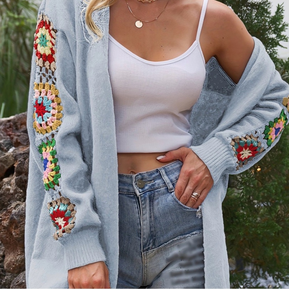 SHEIN Gray Silver Knit Sweater Granny Square Crochet NEW Cardigan Festival Boho